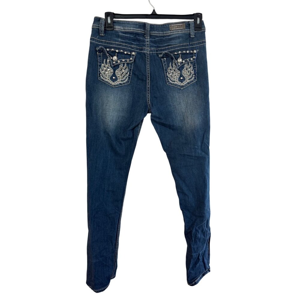 Liuces Womens Embellished Stretch Jeans Size 12 Blue Distressed Rhinestone Detai